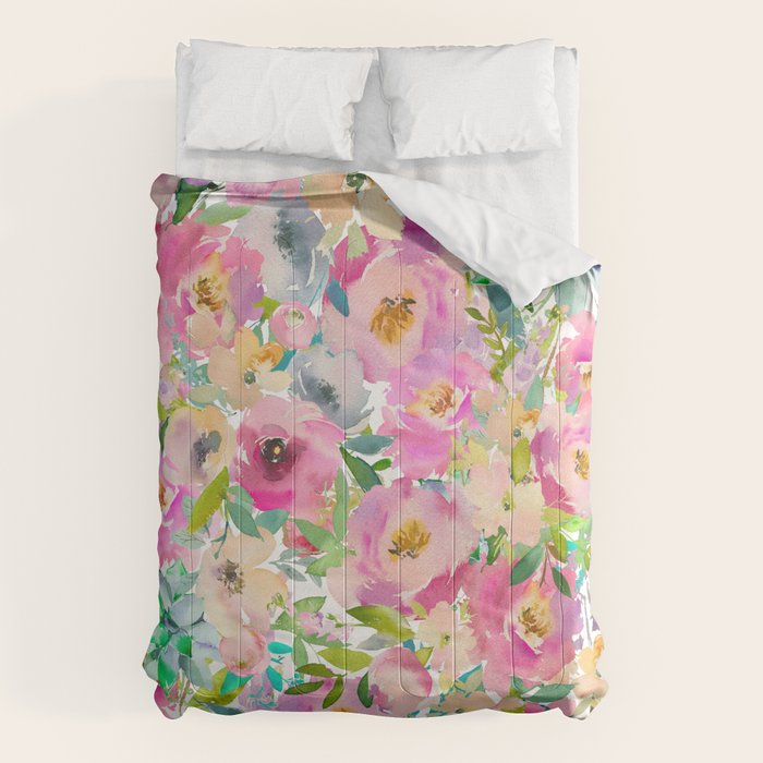 lavender flower comforter Elegant blush pink lavender green watercolor floral Comforter – Society6