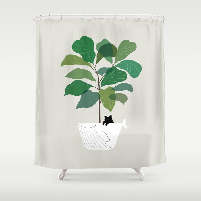 house plant shower curtain Cat and Plant 73: I got a Whale! Shower Curtain – Society6
