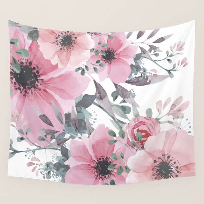 Fresh Look at Floral Watercolor Pink And Gray Watercolor Print Wall Tapestry
