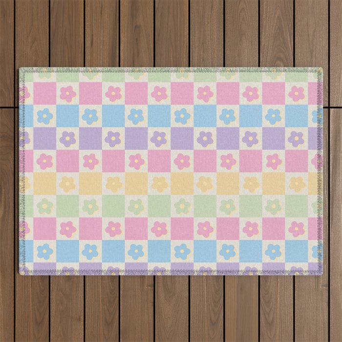 Checkered Flower Power Danish Pastel Rainbow Tones Outdoor Rug