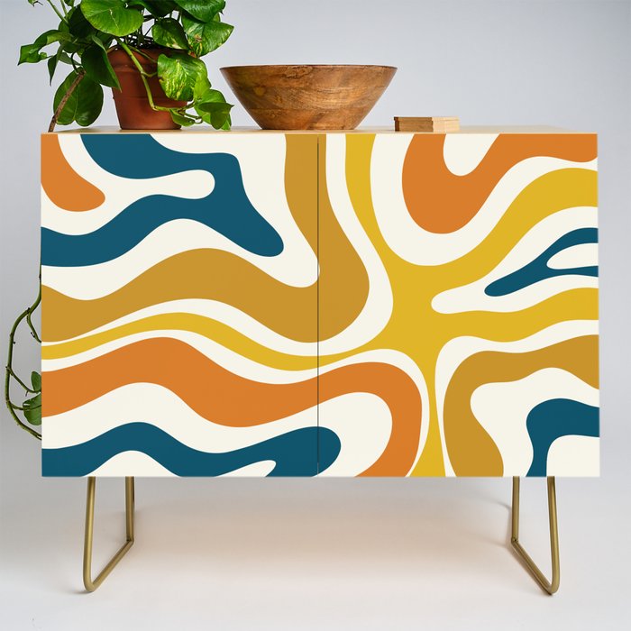 Modern Retro Liquid Swirl Abstract Pattern Orange Mustard Blue