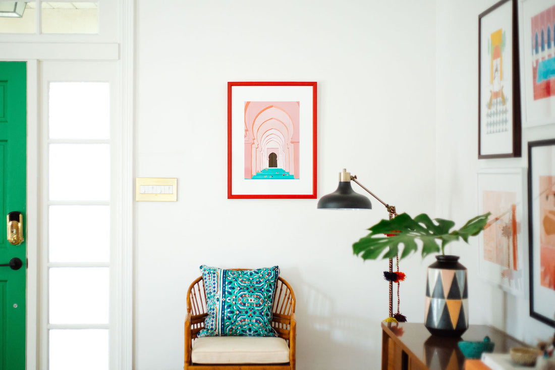 pink artwork in living room