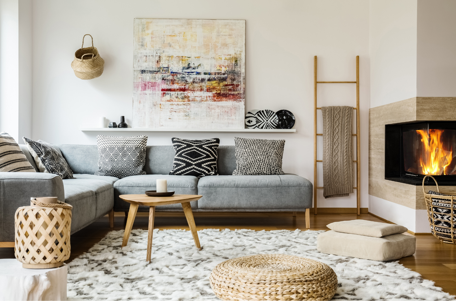 A decorated living room with wall art