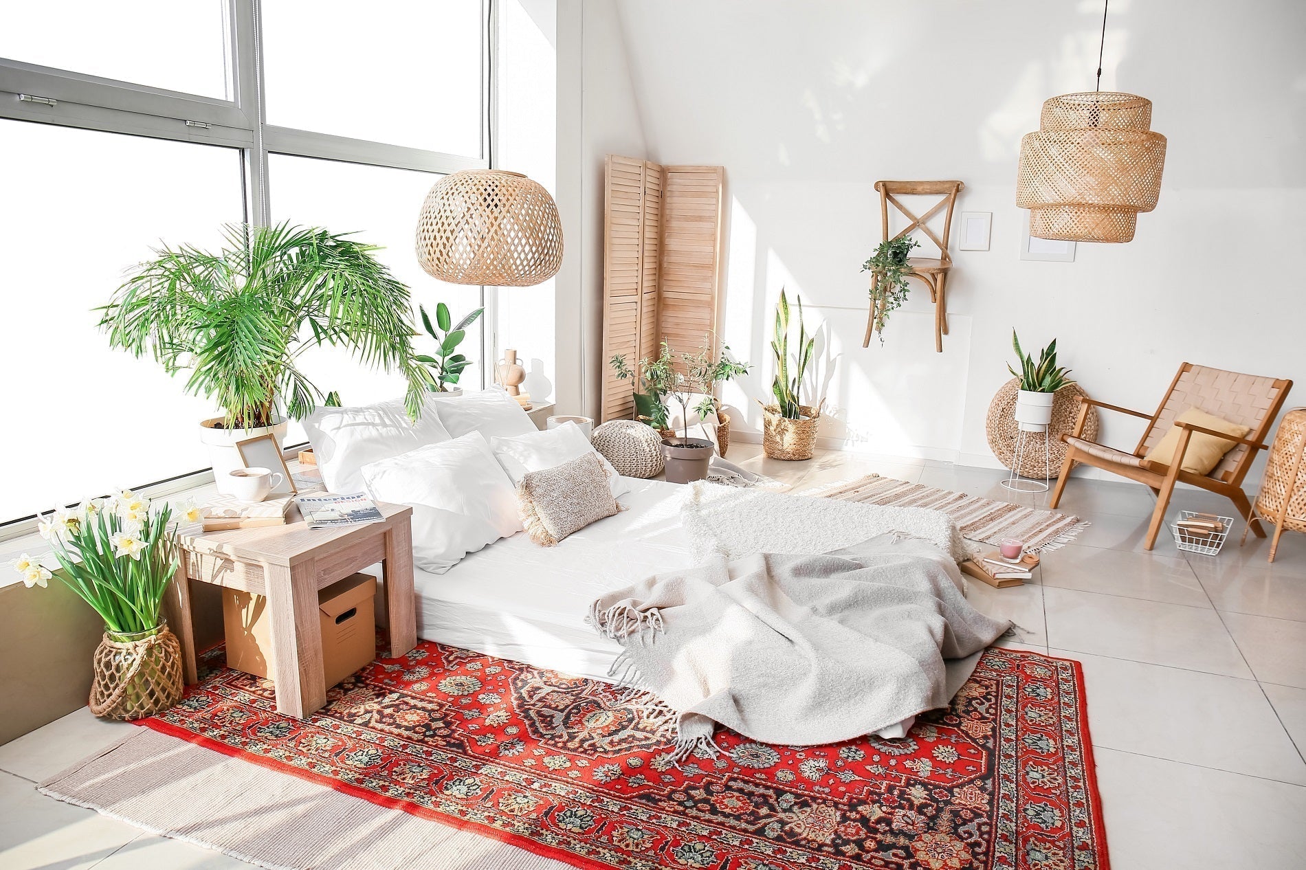 bedroom with red rug