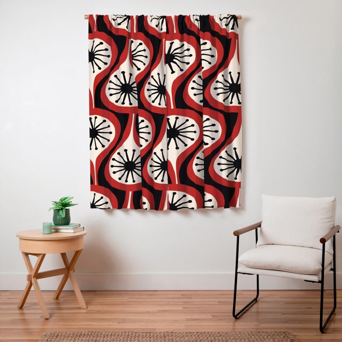 Mid Century Modern Atomic Drops Pattern Red Black Cream Window Curtain