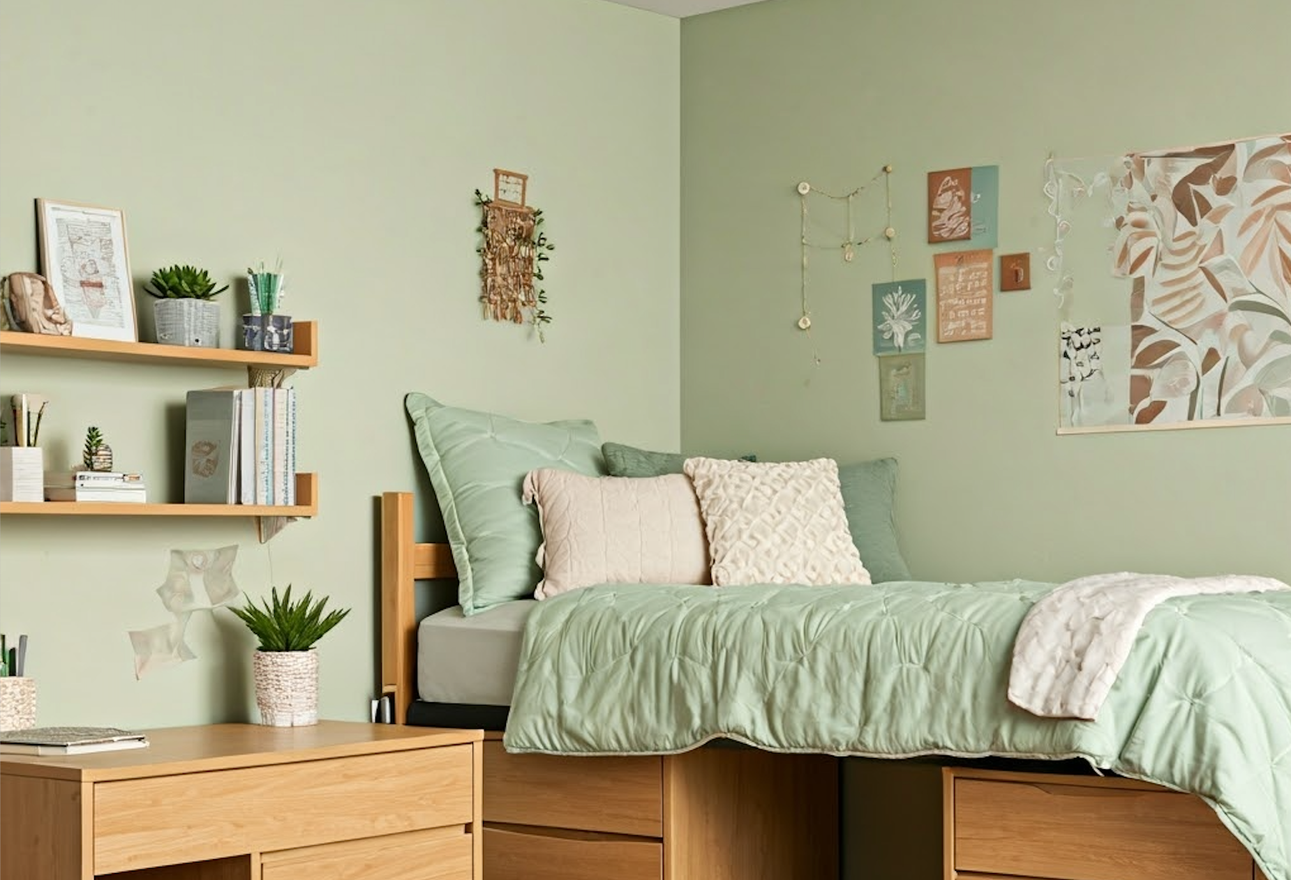 dorm room with pastel green walls and bedding