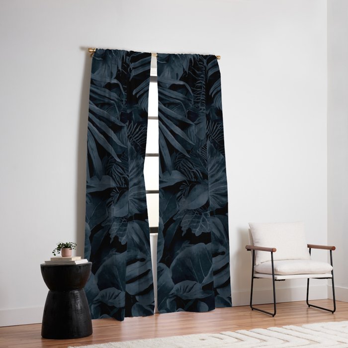 Moody Jungle Vibes Dark Teal Monstera And Palm Leaves Window Curtain