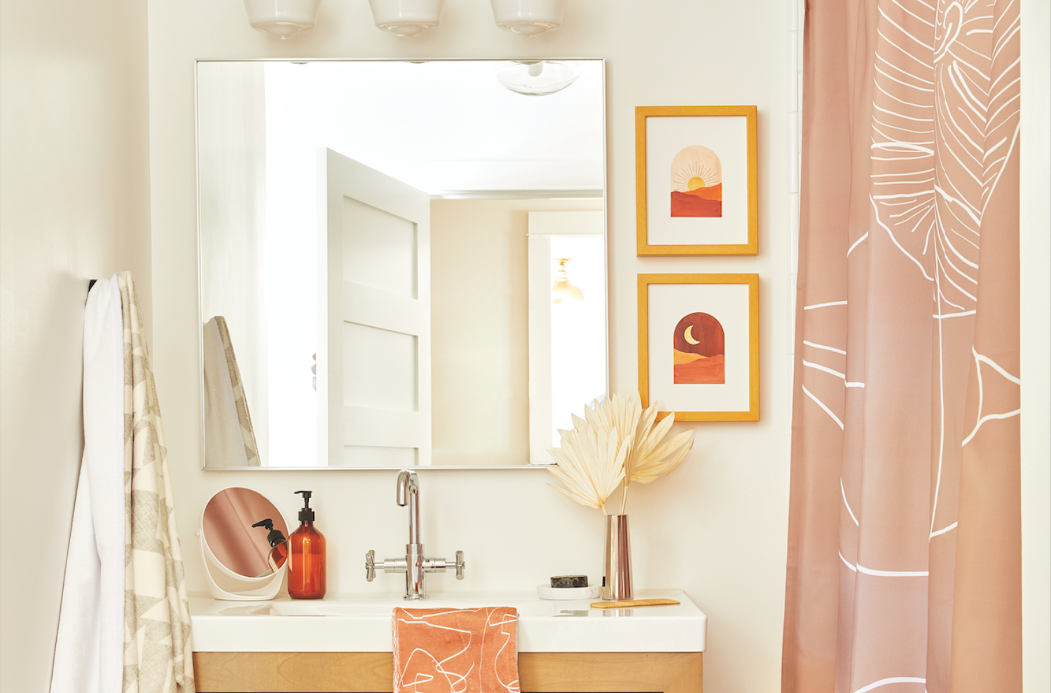 Patterned shower curtain in a sunny bathroom
