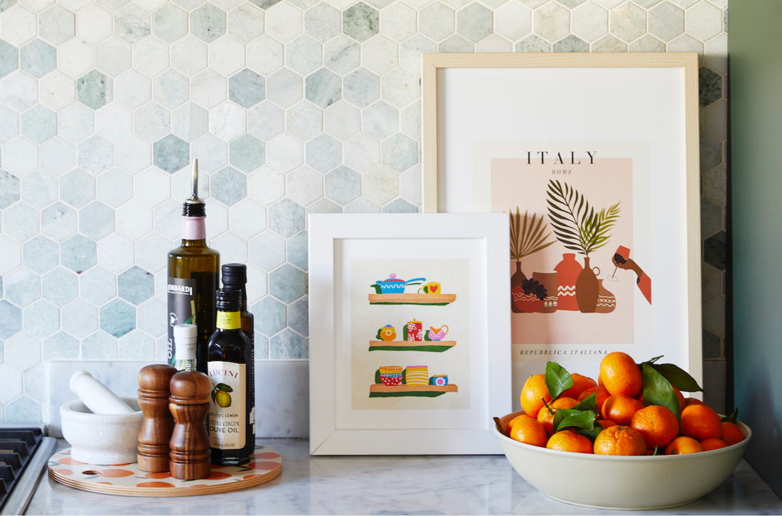 A decorated kitchen counter