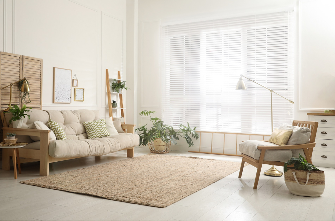A living room with a beige area rug