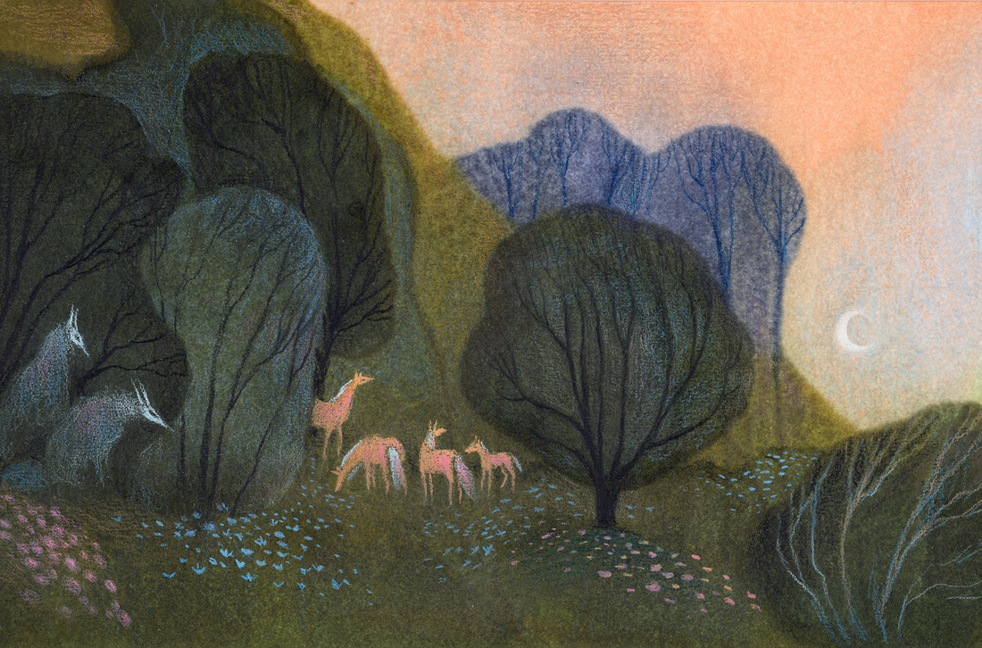 A scene of a painted forest with deer