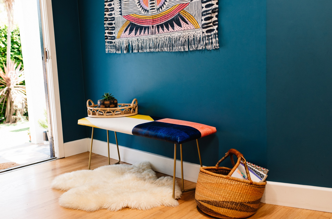 A hallway with a fluffy rug