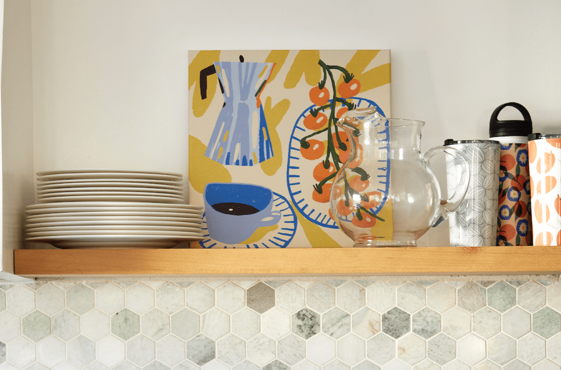 Decorated kitchen wall shelves