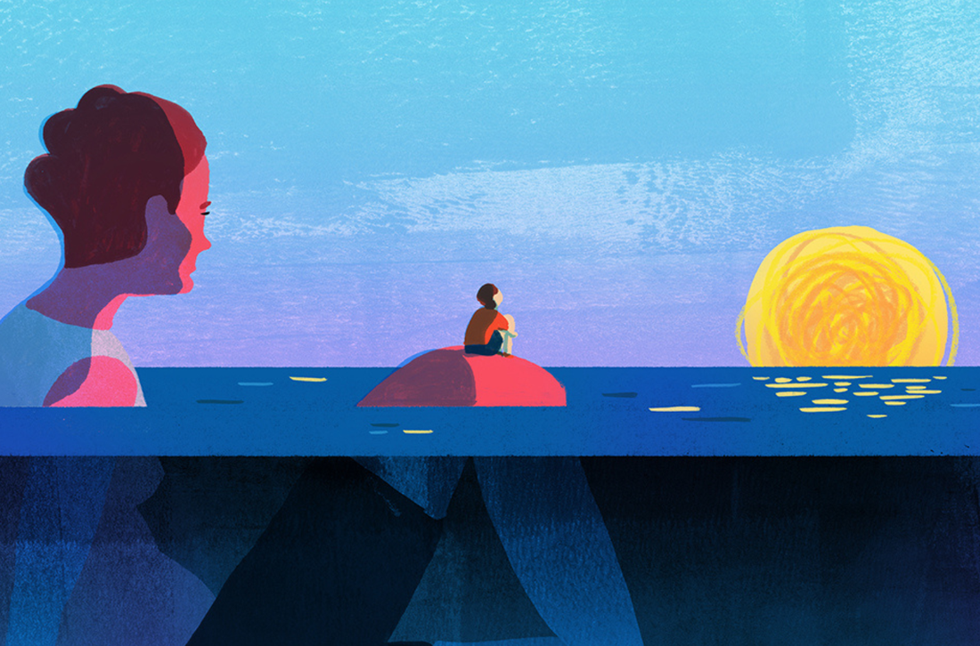 Artwork of a giant and small lady watching the sunset
