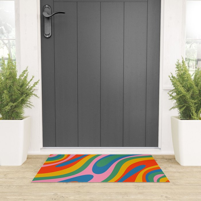 Wavy Loops Abstract Pattern in Retro Rainbow Colors Welcome Mat Gallery Image 3