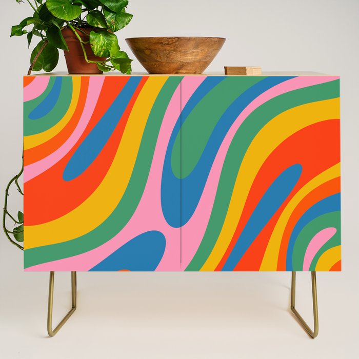 Wavy Loops Abstract Pattern in Retro Rainbow Colors Credenza Gallery Image 1