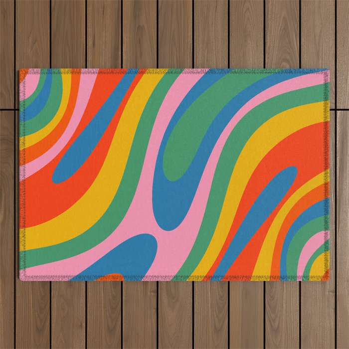 Wavy Loops Abstract Pattern in Retro Rainbow Colors Outdoor Rug Gallery Image 1