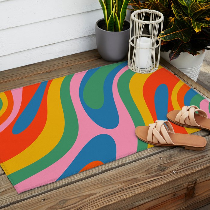 Wavy Loops Abstract Pattern in Retro Rainbow Colors Outdoor Rug Gallery Image 2