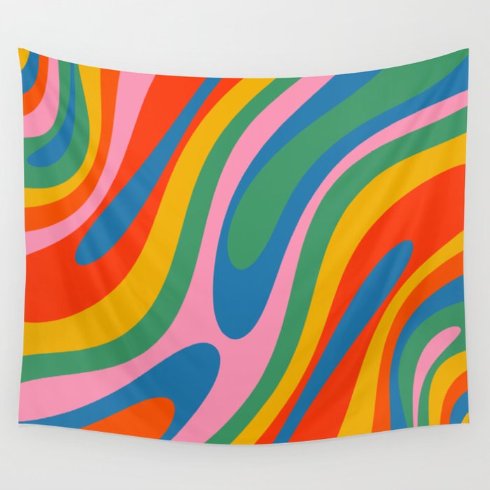 Wavy Loops Abstract Pattern in Retro Rainbow Colors Wall Tapestry Gallery Image 4