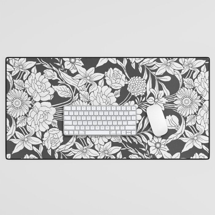 Vintage bohemian black white roses country floral Desk Mat Gallery Image 1