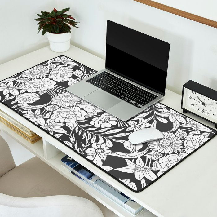Vintage bohemian black white roses country floral Desk Mat Gallery Image 2