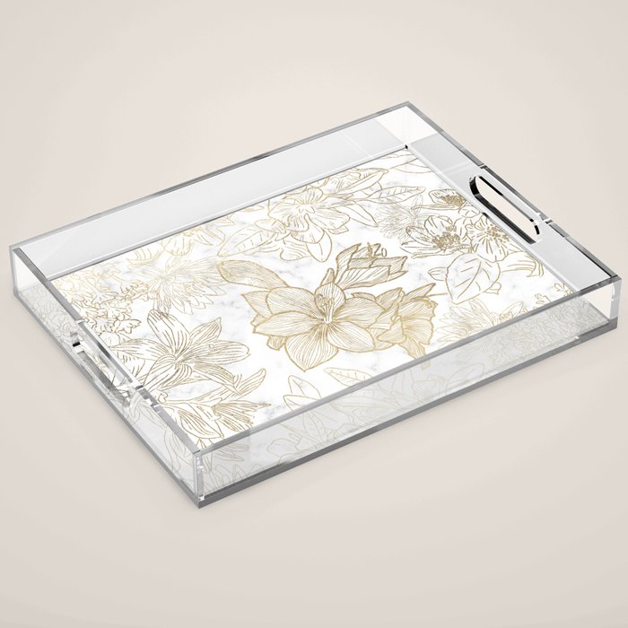 Elegant modern white faux gold marble floral Acrylic Tray Gallery Image 1