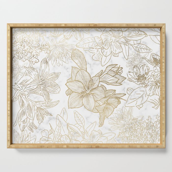Elegant modern white faux gold marble floral Serving Tray Gallery Image 1