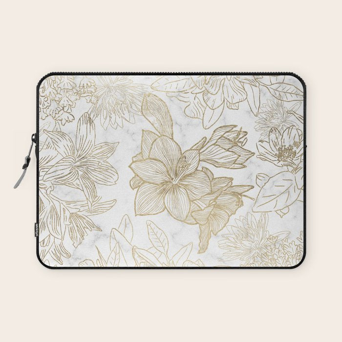 Elegant modern white faux gold marble floral Laptop Sleeve Gallery Image 1