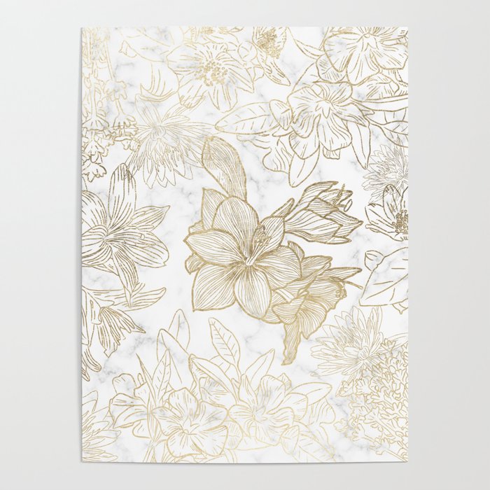 Elegant modern white faux gold marble floral Poster Gallery Image 1