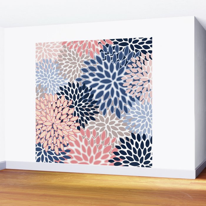 Floral Blooms, Pink, Blue, Gray Wall Mural Gallery Image 2