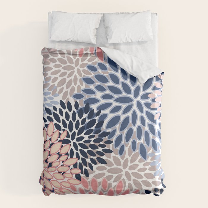 Floral Blooms, Pink, Blue, Gray Duvet Cover Gallery Image 1