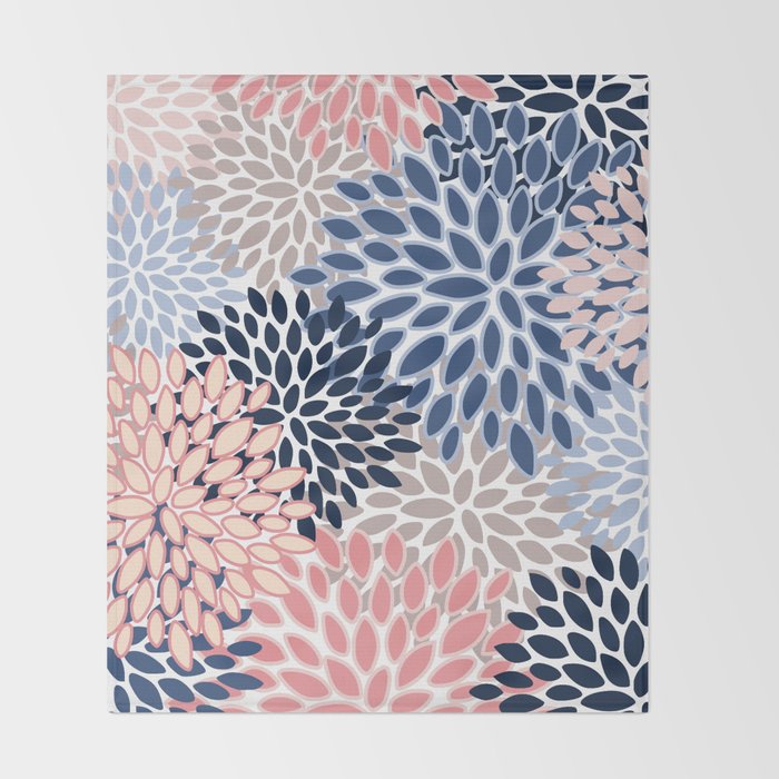 Floral Blooms, Pink, Blue, Gray Throw Blanket Gallery Image 2