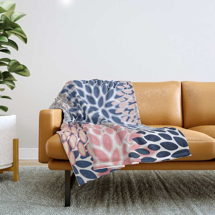 Floral Blooms, Pink, Blue, Gray Throw Blanket Gallery Image 1