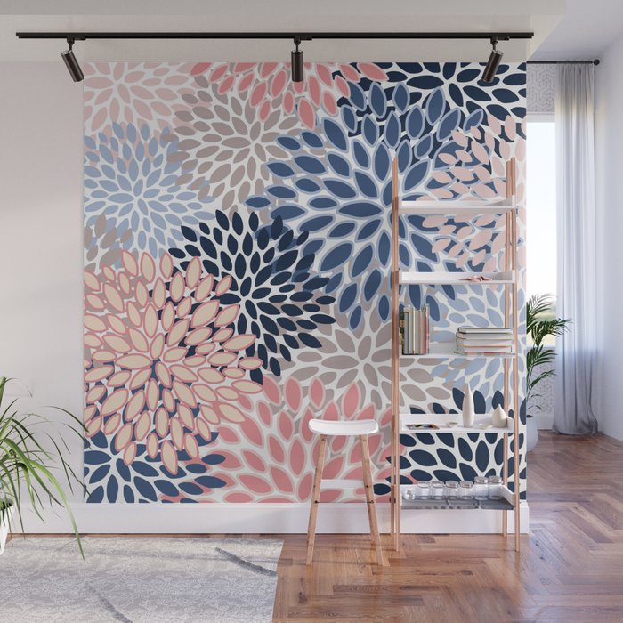Floral Blooms, Pink, Blue, Gray Wall Mural Gallery Image 1