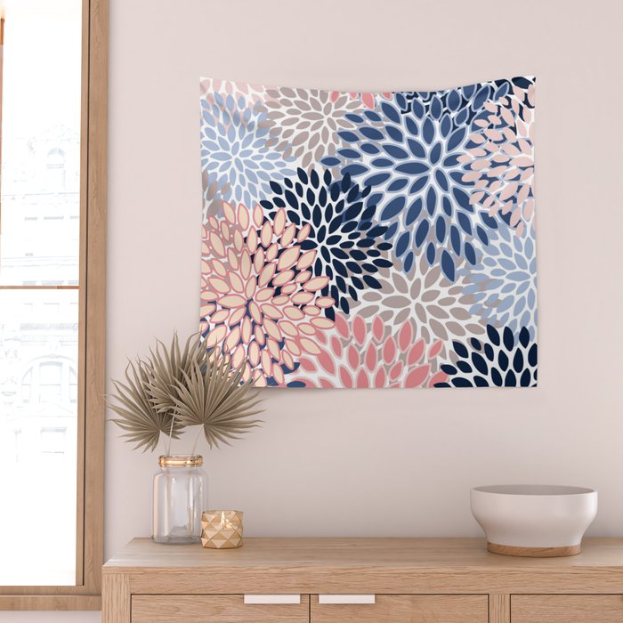Floral Blooms, Pink, Blue, Gray Wall Tapestry Gallery Image 2