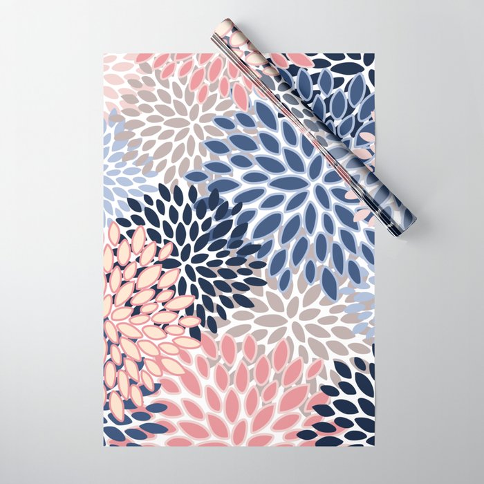 Floral Blooms, Pink, Blue, Gray Wrapping Paper Gallery Image 1