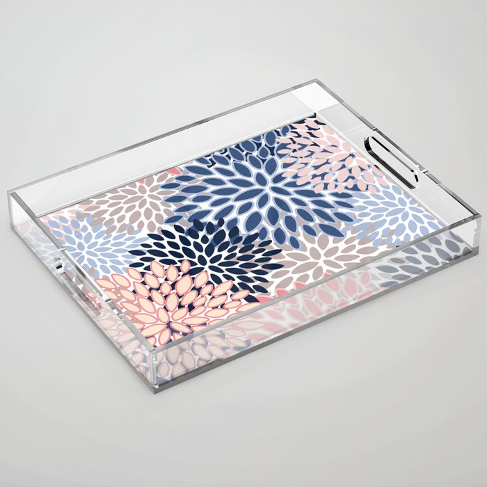 Floral Blooms, Pink, Blue, Gray Acrylic Tray Gallery Image 1
