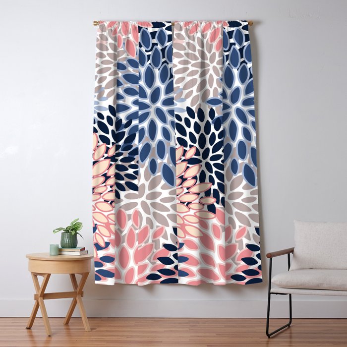 Floral Blooms, Pink, Blue, Gray Window Curtain Gallery Image 1
