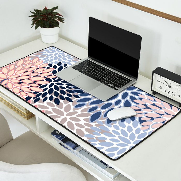 Floral Blooms, Pink, Blue, Gray Desk Mat Gallery Image 2