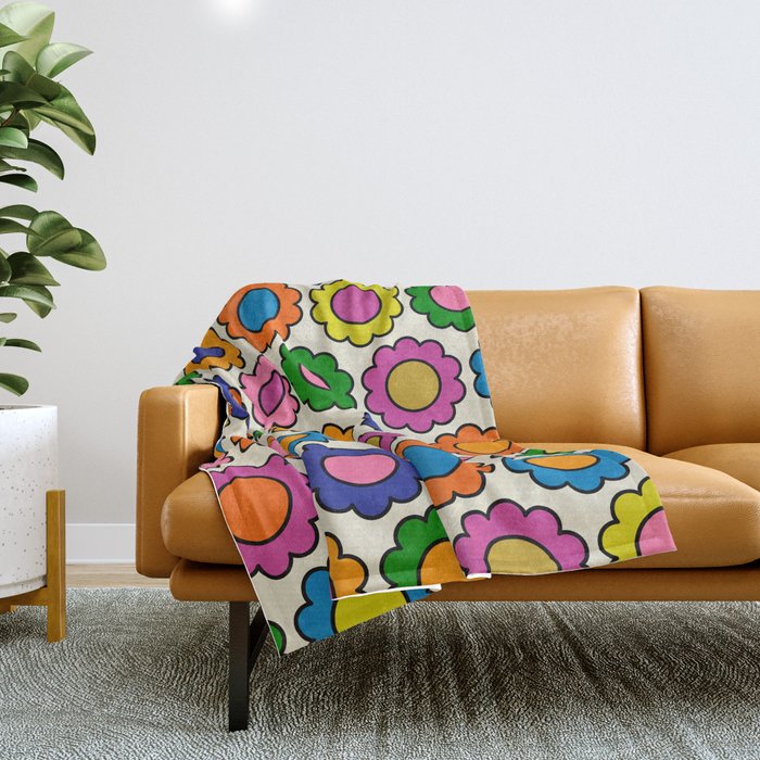 Colorful Flowers Happy Retro Pattern Throw Blanket Gallery Image 1