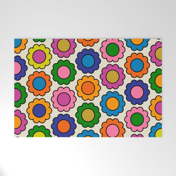 Colorful Flowers Happy Retro Pattern Welcome Mat Gallery Image 1