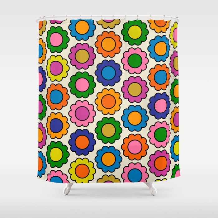 Colorful Flowers Happy Retro Pattern Shower Curtain Gallery Image 1