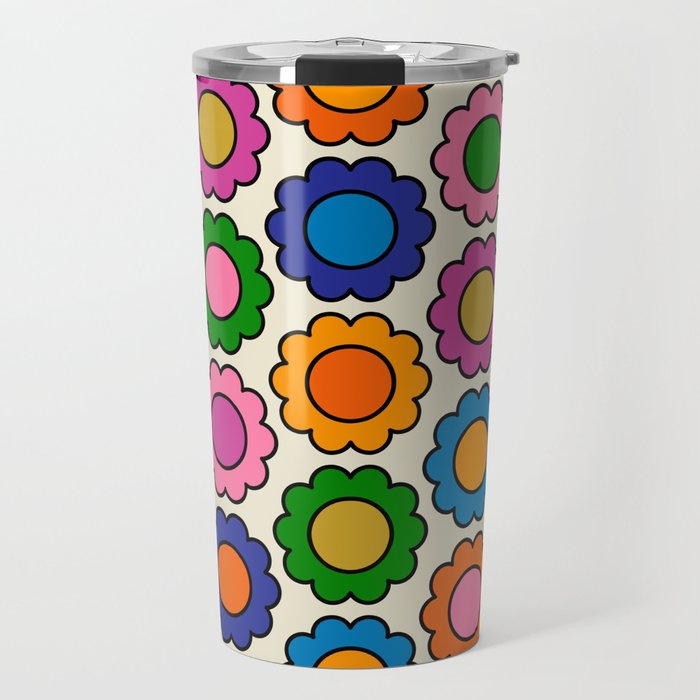 Colorful Flowers Happy Retro Pattern Travel Mug Gallery Image 1