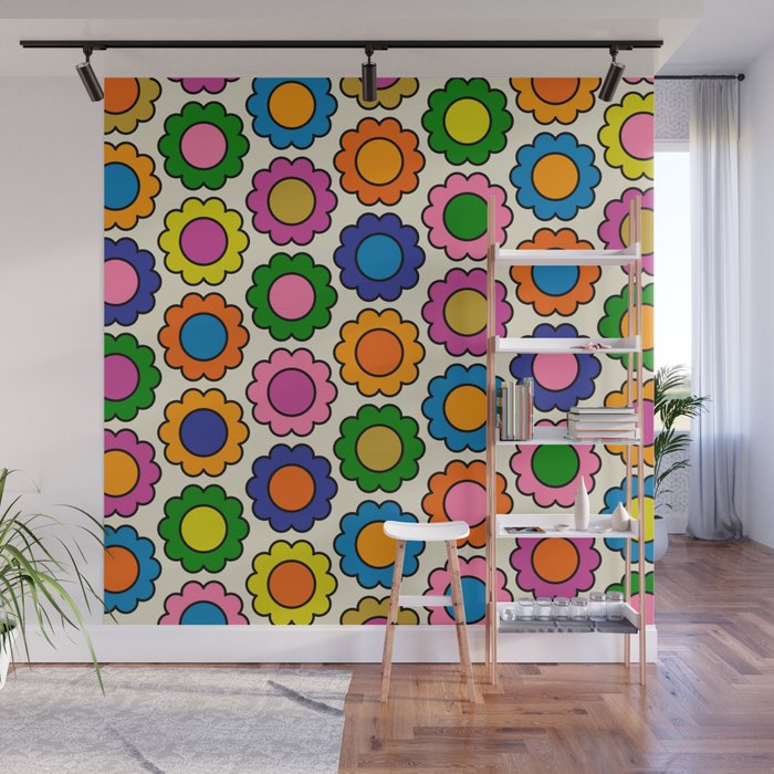 Colorful Flowers Happy Retro Pattern Wall Mural Gallery Image 1