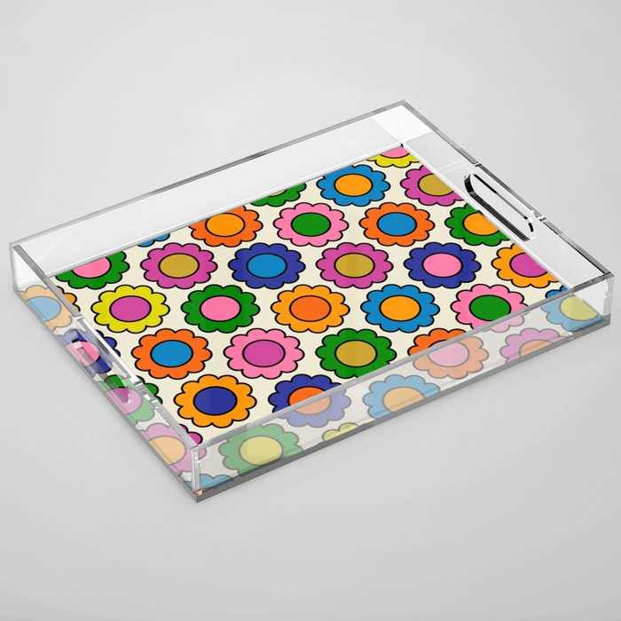 Colorful Flowers Happy Retro Pattern Acrylic Tray Gallery Image 1