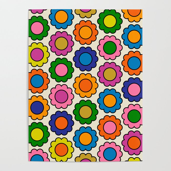 Colorful Flowers Happy Retro Pattern Poster Gallery Image 1