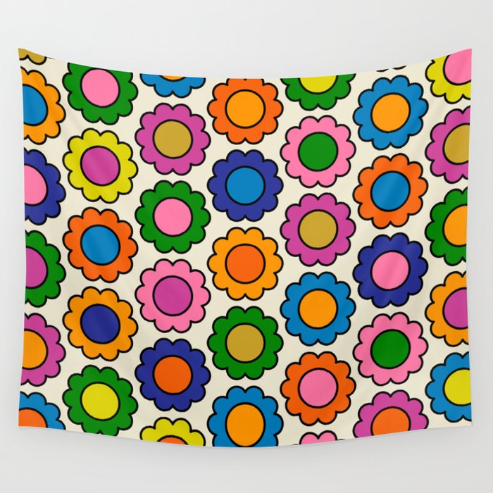 Colorful Flowers Happy Retro Pattern Wall Tapestry Gallery Image 1