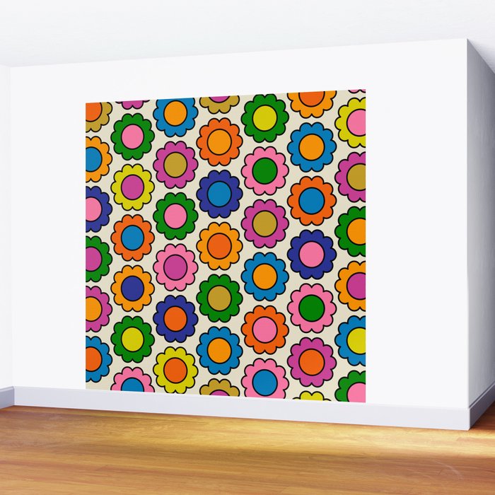 Colorful Flowers Happy Retro Pattern Wall Mural Gallery Image 2