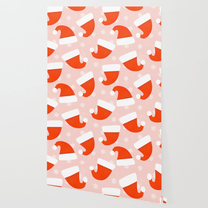 Red Santa Hats & Snowflakes on Linen Pink - Modern Festive Pattern Wallpaper Gallery Image 2
