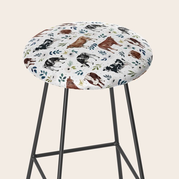 Hand-painted Cows and White Flowers with Blue Accents Stool Gallery Image 2